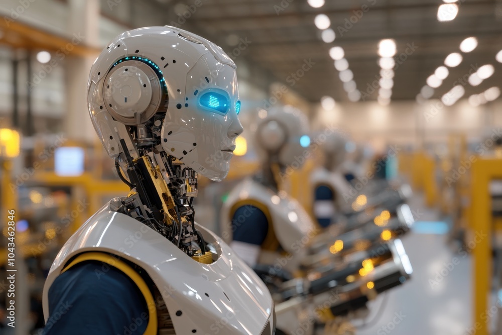 A row of robots is lined up on an assembly line in an advanced manufacturing facility, representing robotics in modern industrial production environments. A row of robots is lined up on an assembly line in an advanced manufacturing facility, representing robotics in modern industrial production environments.