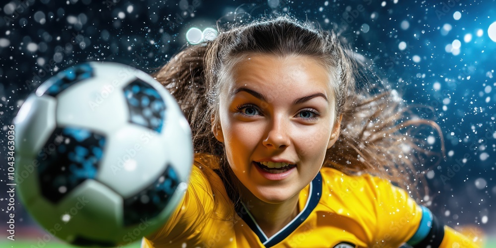 Naklejka premium Excited soccer player in yellow jersey celebrating a goal during a snowy night match