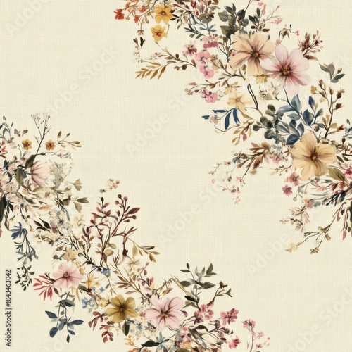 Vintage tapestry delicate floral wreath border on vintage beige fabric background, seamless repeating pattern, textile print style, minimal, tapestry design, seamless delicate floral wreath border