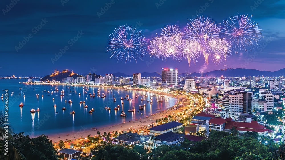 Fototapeta premium A picturesque view of fireworks erupting over the famous Pattaya Bay, creating a stunning visual spectacle for onlookers