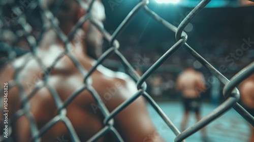 Fighter training in a cage during an intense match at a local arena under bright lights in the evening