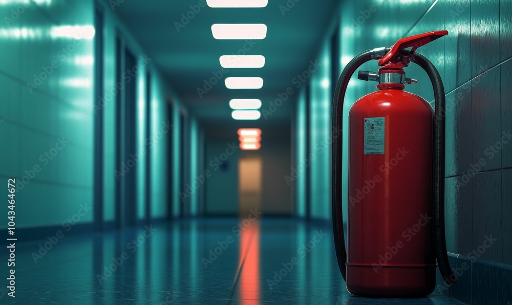 Red fire extinguisher in an empty hallway. Red fire extinguisher in an empty hallway.