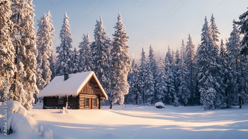 Naklejka premium A peaceful winter scene with snow-covered trees and a cozy cabin, embodying warmth and comfort during the cold season.