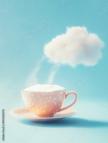 Surreal Coffee Cup with Cloud Forming from Steam, Creative and Dreamlike Beverage Concept with Blue Sky Background, Ideal for Artistic and Lifestyle Themes photo