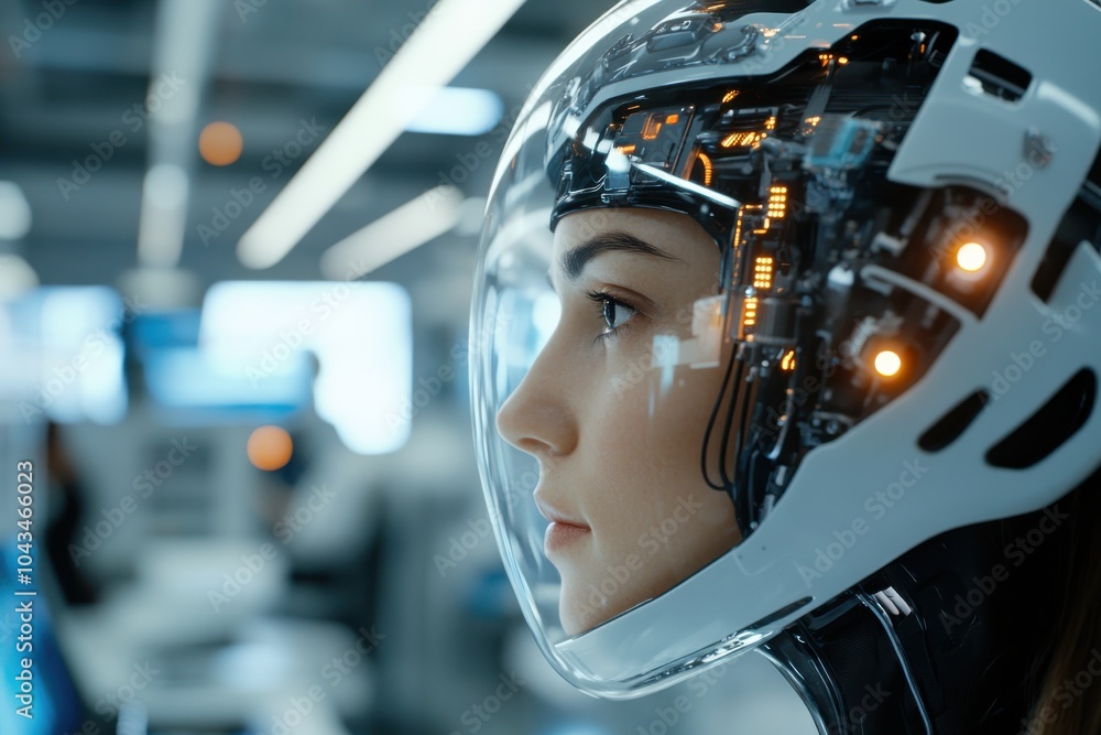 A close-up profile of a robotic entity showcases its digital and mechanical components, highlighting the integration of technology with human-like features. A close-up profile of a robotic entity showcases its digital and mechanical components, highlighting the integration of technology with human-like features.