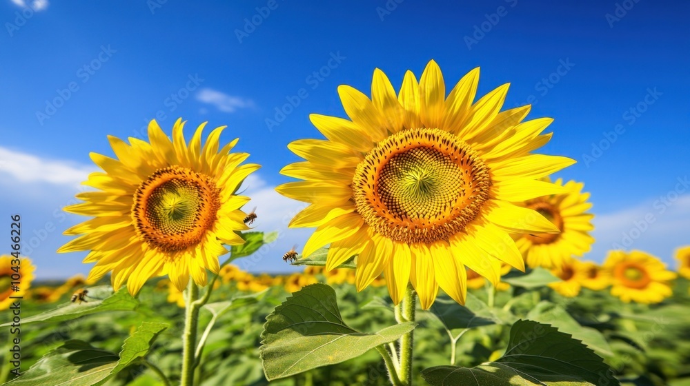 Naklejka premium Two sunflowers in a field with a bright blue sky.