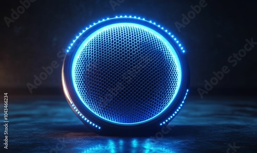 Futuristic speaker with blue neon lights.