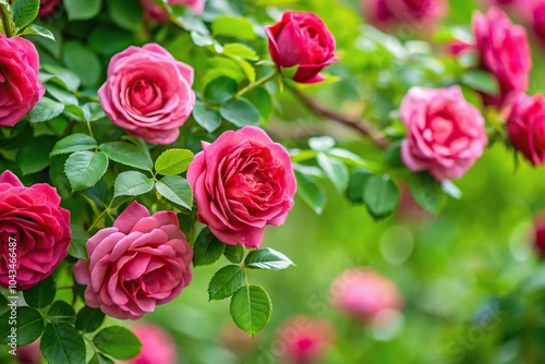 Rose branches covered in lush green leaves Extreme Close-Up