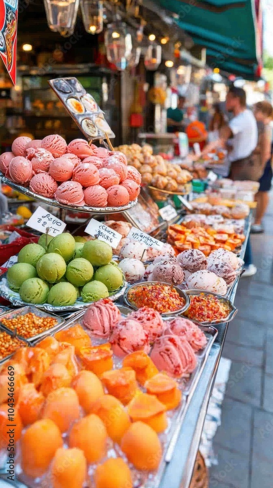 A vibrant market display featuring an array of colorful fruits and desserts, enticing shoppers with sweet treats and fresh produce. A vibrant market display featuring an array of colorful fruits and desserts, enticing shoppers with sweet treats and fresh produce.