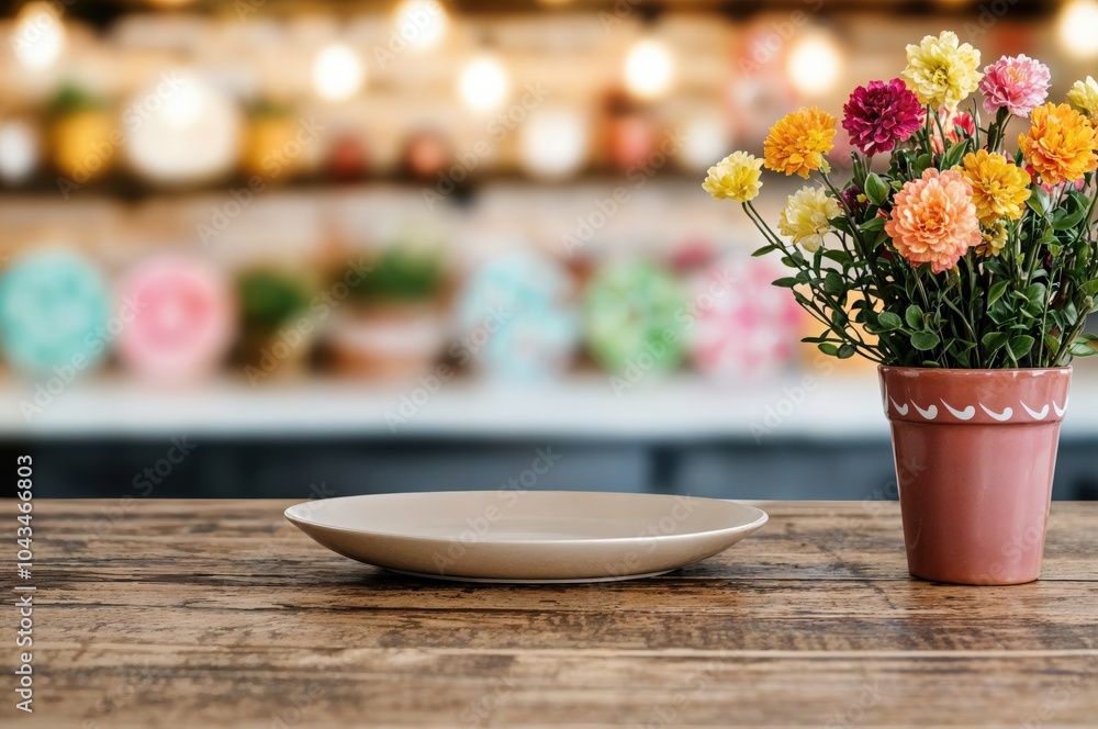 Empty plate on a wooden table next to a potted bouquet of colorful flowers, with blurred festive background lights. Mexican themed celebration concept Empty plate on a wooden table next to a potted bouquet of colorful flowers, with blurred festive background lights. Mexican themed celebration concept