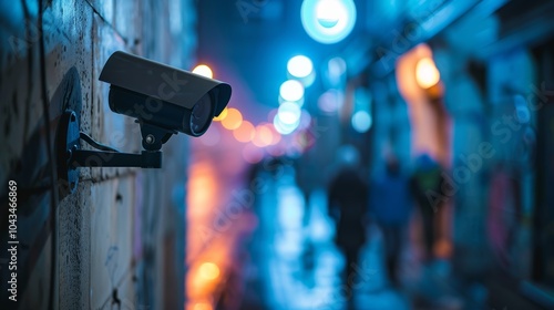Surveillance camera monitoring a rainy alley with glowing lights during nighttime in an urban environment