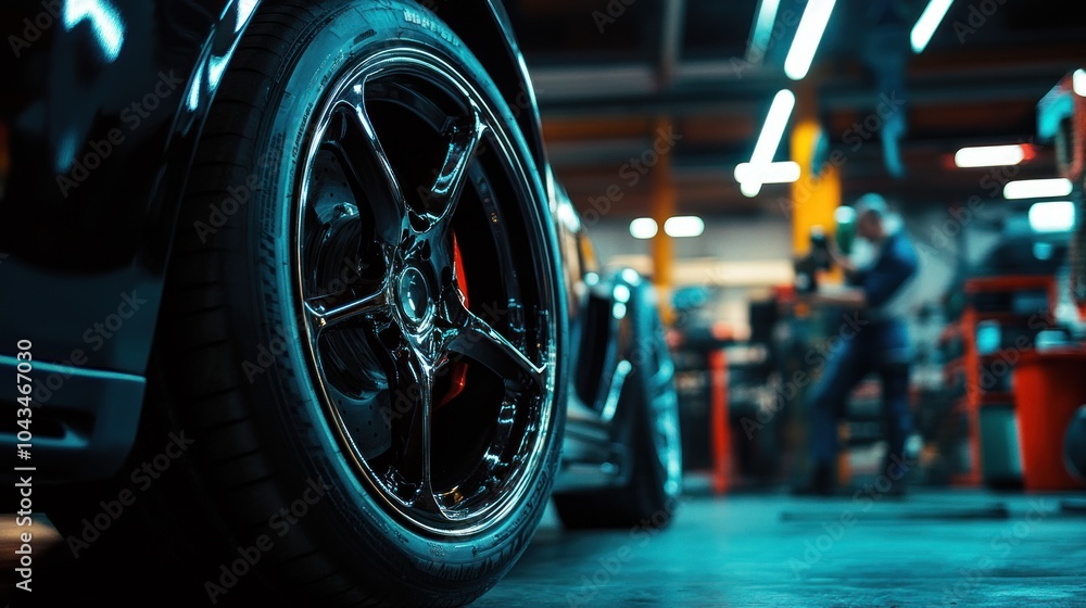 Close-up of a car wheel in a workshop, highlighting automotive details and craftsmanship. Close-up of a car wheel in a workshop, highlighting automotive details and craftsmanship.