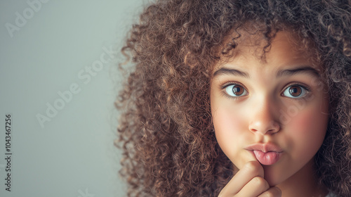 Curly-haired child making a playful expression with wide eyes and puckered lips, creating a sense of curiosity, innocence, and fun.