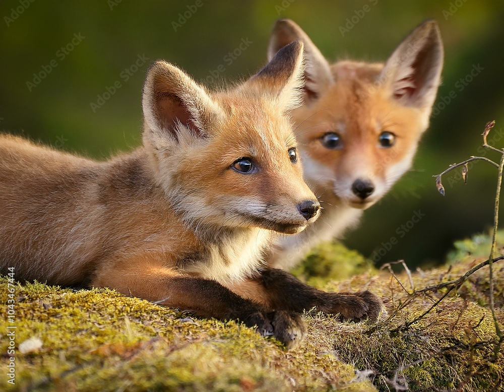 A pair of cute little red fox kits standing in a field outside their burrow A pair of cute little red fox kits standing in a field outside their burrow