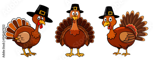 Set of cartton turkeys wearing hat, traditional Thanksgiving design element. Flat vector illustrations isolated on transparent background. PNG clipart