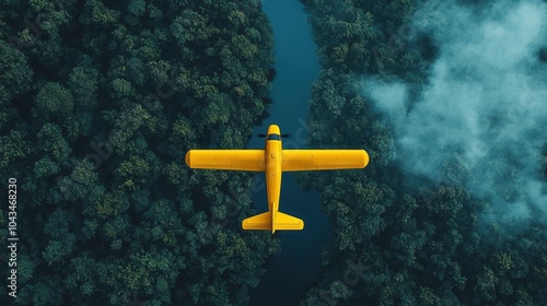 Yellow Plane Flying Over Forest River	 photo