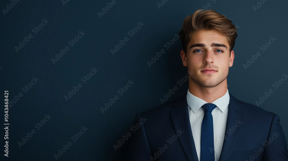 young man in formal suit stands confidently against dark background, exuding professionalism and poise. His stylish appearance and serious expression convey sense of determination and ambition. young man in formal suit stands confidently against dark background, exuding professionalism and poise. His stylish appearance and serious expression convey sense of determination and ambition.