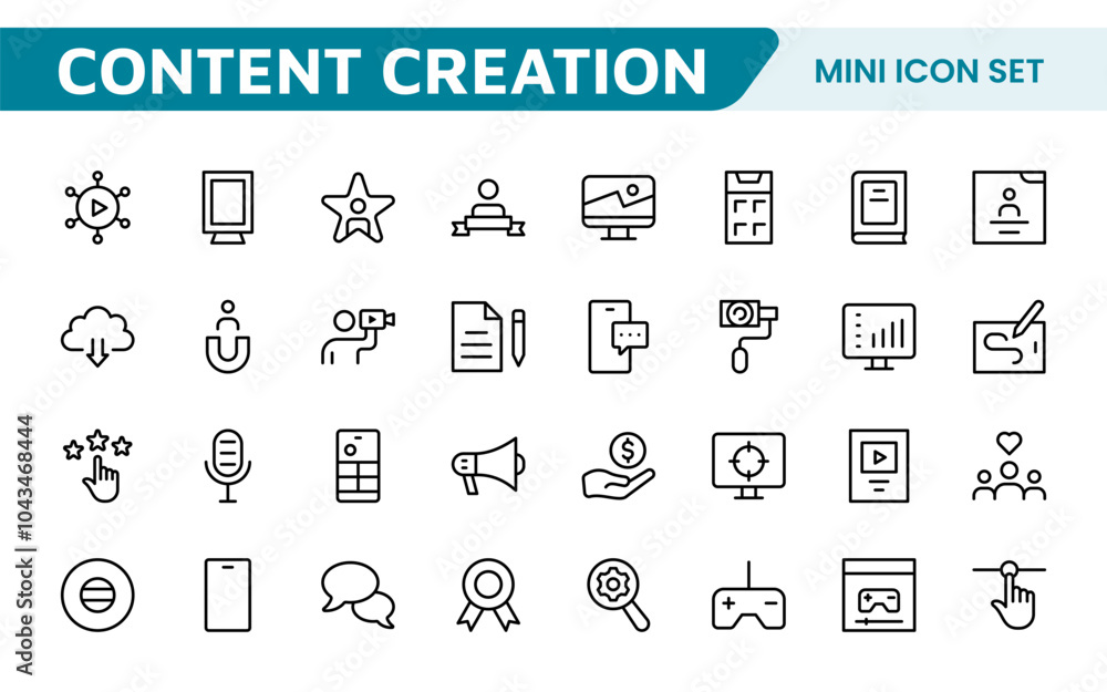 Content Creation Icon Set. Creative and versatile icons for bloggers, vloggers, and digital creators, perfect for enhancing editing tools, social media apps, and multimedia projects. Content Creation Icon Set. Creative and versatile icons for bloggers, vloggers, and digital creators, perfect for enhancing editing tools, social media apps, and multimedia projects.
