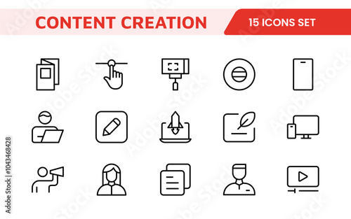 Content Creation Icon Set. Creative and versatile icons for bloggers, vloggers, and digital creators, perfect for enhancing editing tools, social media apps, and multimedia projects.