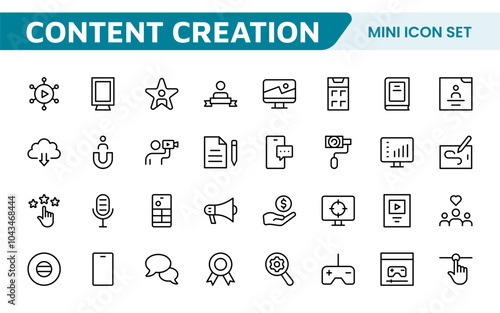 Content Creation Icon Set. Creative and versatile icons for bloggers, vloggers, and digital creators, perfect for enhancing editing tools, social media apps, and multimedia projects.