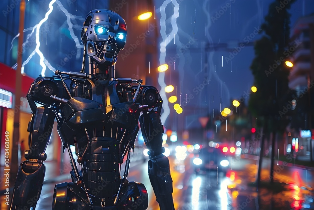 Naklejka premium Futuristic Mechanical Navigates Thunderous Neon Lit City Landscape