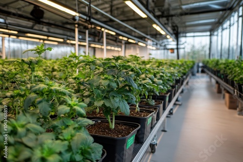 Extensive rows of tomato plants growing in an advanced greenhouse, highlighting the integration of technology and agriculture to maximize productivity and efficiency. photo