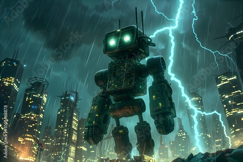 Towering Mechanical Guardian Braving the Stormy Cityscape