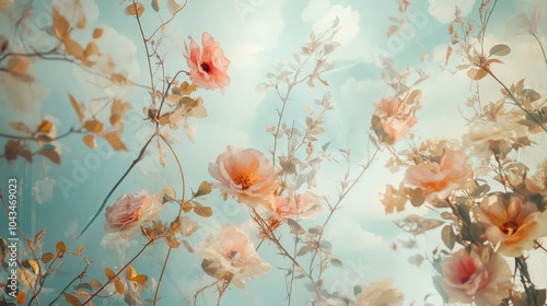 Distorted flowers curve in graceful lines against soft pastel skies Mannerist style photo