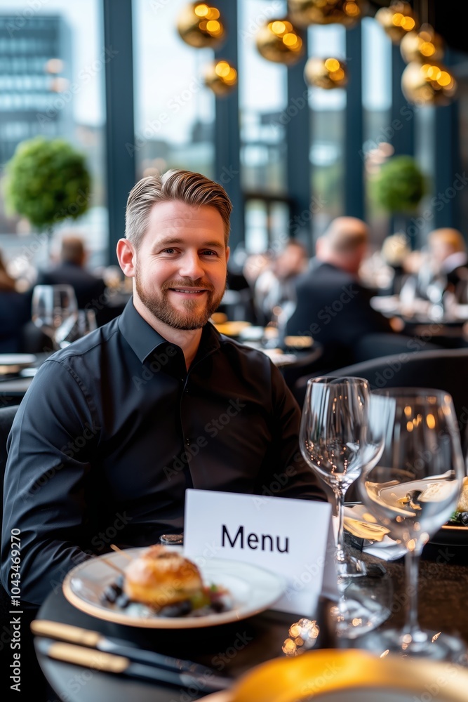 A man enjoying a gourmet meal at an elegant restaurant during a sophisticated evening gathering A man enjoying a gourmet meal at an elegant restaurant during a sophisticated evening gathering