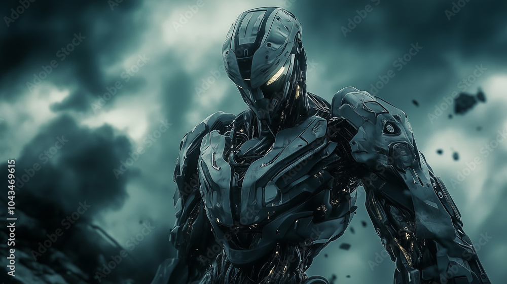 Fototapeta premium Futuristic humanoid robot with glowing blue circuits inside a high-tech lab, showcasing advanced artificial intelligence and cutting-edge technology.