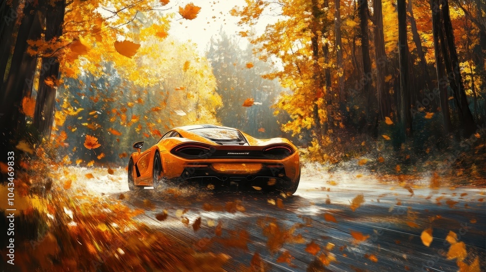 Fototapeta premium Silver sport car racing through a snow-covered forest road headlights cutting through snow