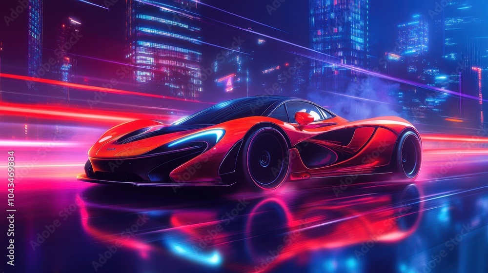 Fototapeta premium Red and black sport car speeding on a neon-lit highway reflecting the vibrant city lights
