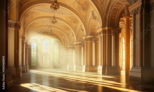 Sunlight streams through arched hallway.