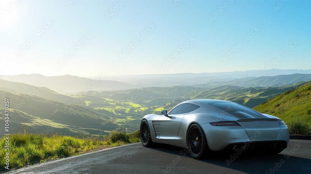 Silver sport car parked at cliffside reflecting the sun with distant mountains in view Silver sport car parked at cliffside reflecting the sun with distant mountains in view