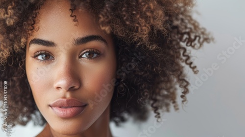 A young woman with beautifully defined curly hair poses gracefully against a neutral background in a cozy indoor setting