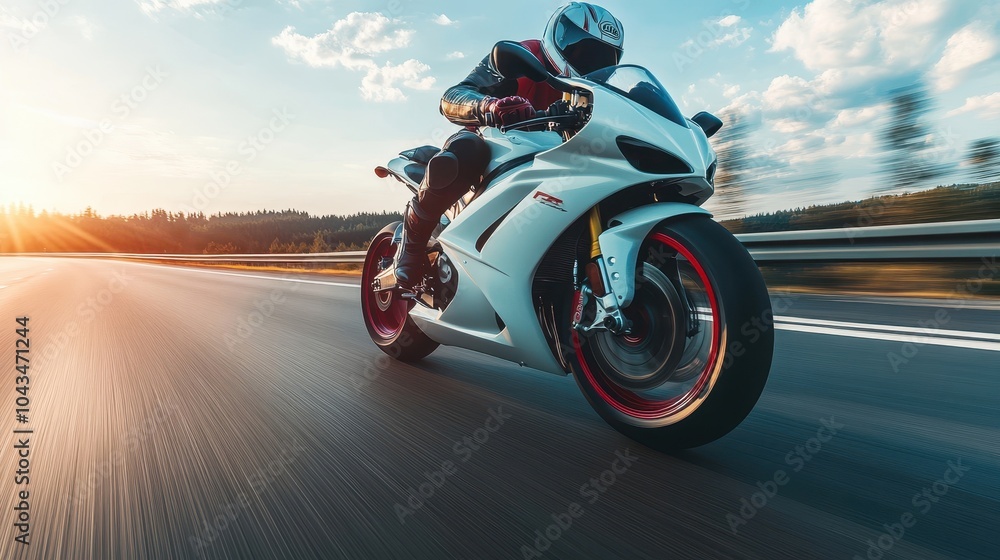 Obraz premium White and red motorcycle speeding on open road fairings reflecting sunlight from low-angle shot