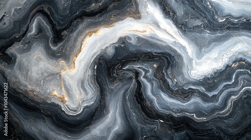 Abstract swirling pattern of black, white, and gold paint.
