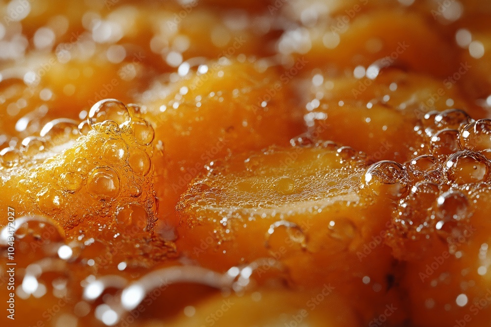 Golden potato slices immersed in bubbling oil, frying and creating a crispy outer layer Golden potato slices immersed in bubbling oil, frying and creating a crispy outer layer