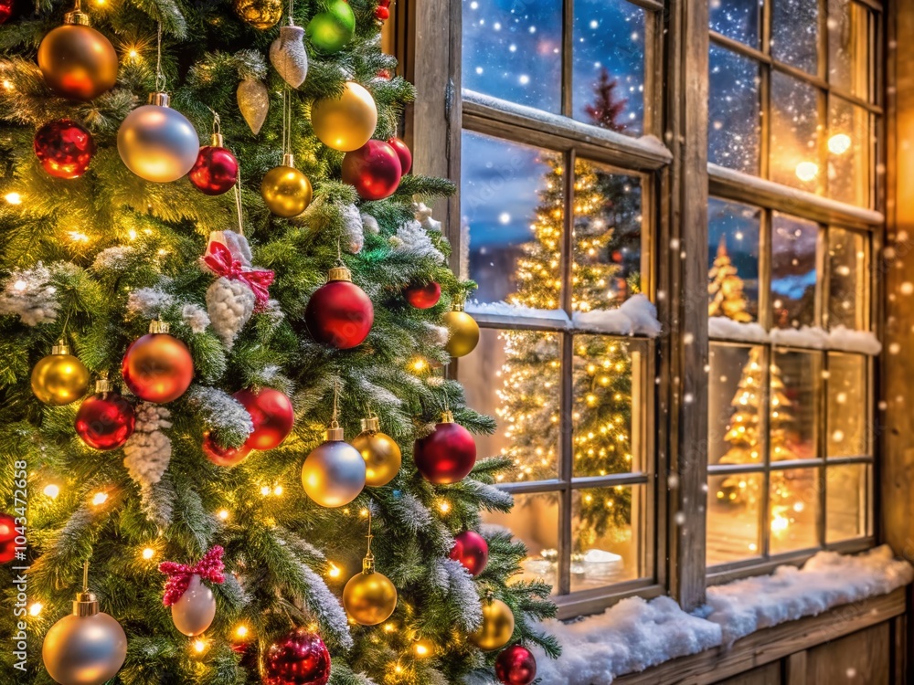 Festive Christmas Tree Window Display with Twinkling Lights and Ornaments for Holiday Cheer Festive Christmas Tree Window Display with Twinkling Lights and Ornaments for Holiday Cheer