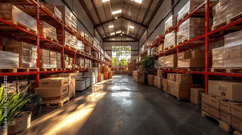 Fototapeta premium A large warehouse with high shelves filled with boxes.
