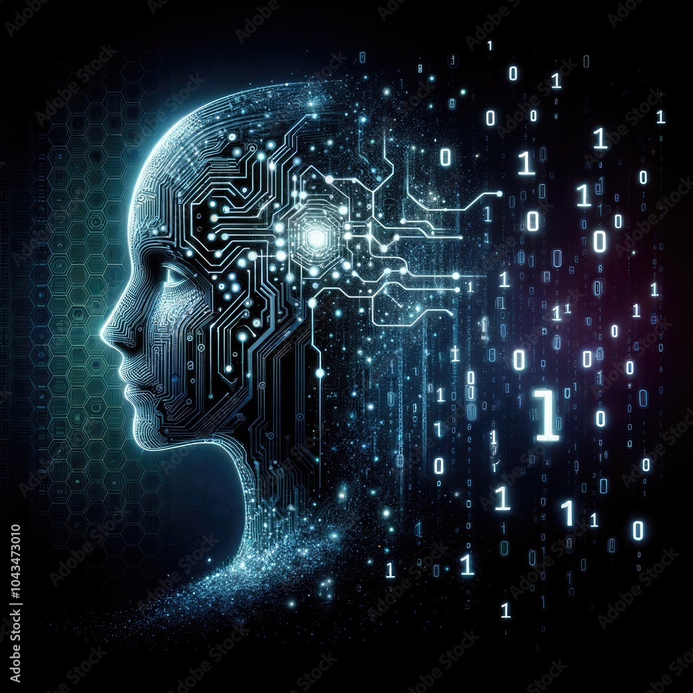 Futuristic AI Concept: Human Head Profile Composed of Glowing Circuits and Binary Code, Representing Machine Learning, Neural Networks, Data Processing, and Digital Transformation