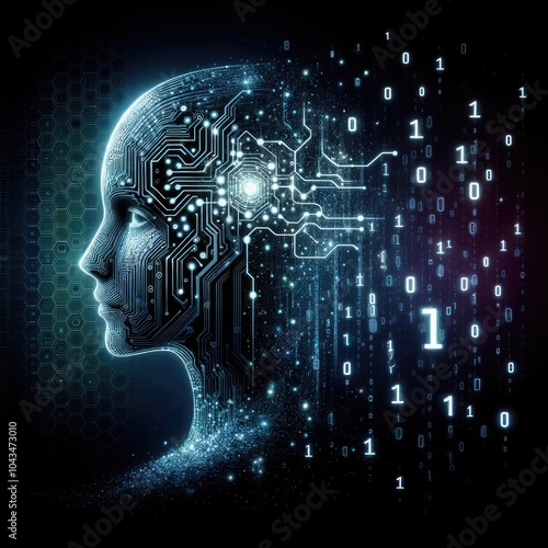 Obraz na płótnie Futuristic AI Concept: Human Head Profile Composed of Glowing Circuits and Binary Code, Representing Machine Learning, Neural Networks, Data Processing, and Digital Transformation w salonie