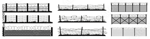 Silhouette of barbed wire and wooden stake on the ground set vector
