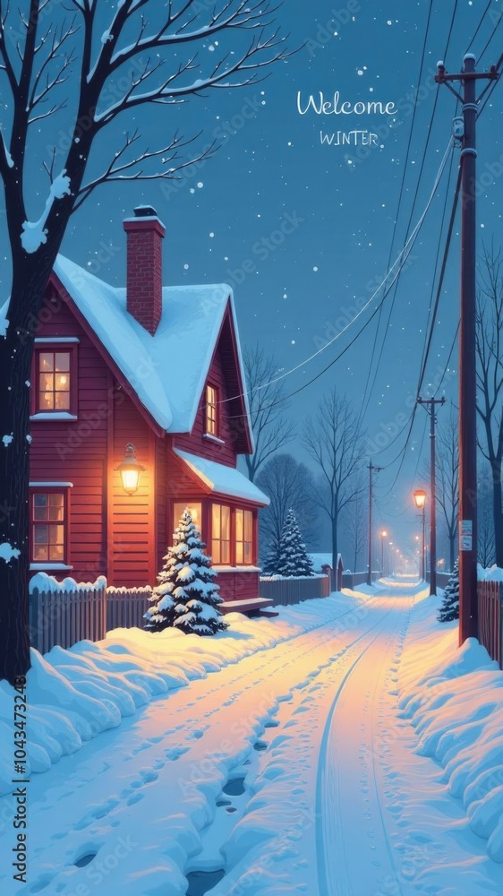 Obraz premium Cozy red cottage on snowy night with streetlamps illuminating a frosty path in winter wonderland concept