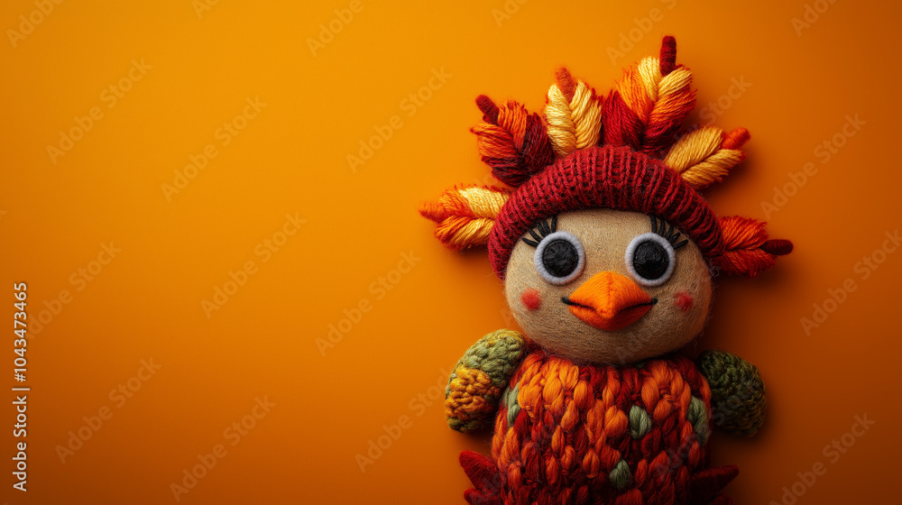 Photo of a felt turkey with cute eyes and a hat on an orange background Photo of a felt turkey with cute eyes and a hat on an orange background