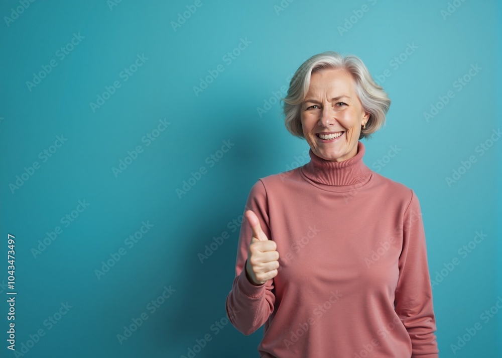 Senior woman with cheerful smile giving thumbs up against teal background with copy space Senior woman with cheerful smile giving thumbs up against teal background with copy space