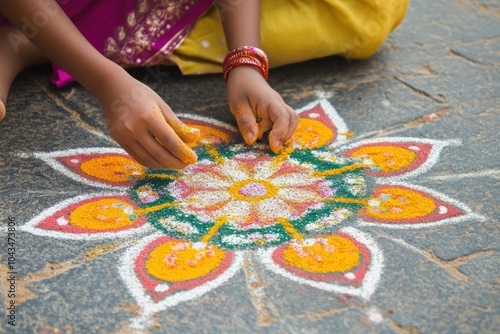 Creating intricate rangoli patterns on the floor using coloured powders, flowers, or rice.