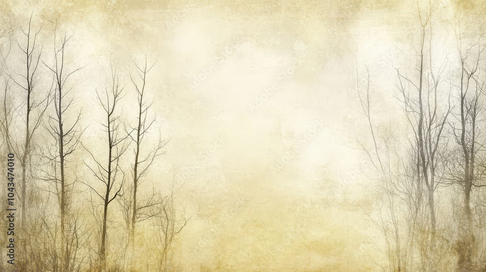 Backdrop featuring thin yellow-grey watercolor trees blending into a vintage grunge wallpaper with aged textures Backdrop featuring thin yellow-grey watercolor trees blending into a vintage grunge wallpaper with aged textures