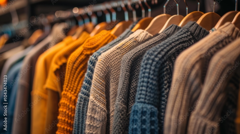 Colorful knitted sweaters hanging neatly on display in a boutique during autumn season Colorful knitted sweaters hanging neatly on display in a boutique during autumn season