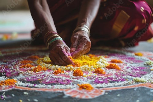 Creating intricate rangoli patterns on the floor using colored powders, flowers, or rice. --ar 3:2 --style raw --v 6.1 Job ID: 490cb5fe-e21c-4645-89dc-6bebd2327bc2